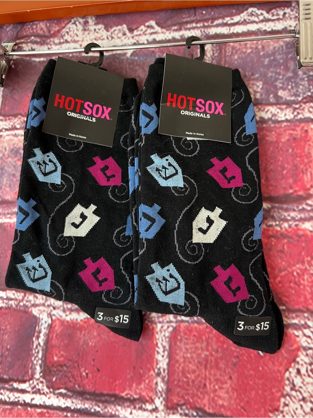 Hot Sox Black Crew Socks with Blue, Pink, and White Dreidel Motif